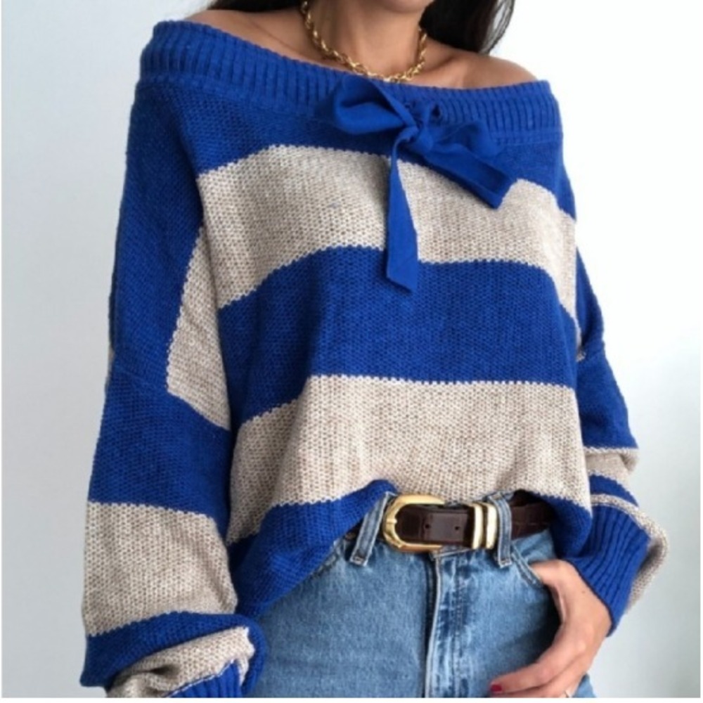 Free People Cassidy Off Shoulder Sweater Womens Small Linen Blend Bow Tie Stripe